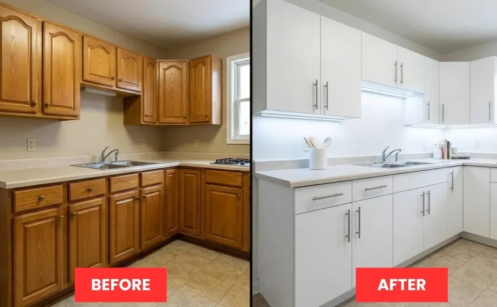 Before and after cabinet wrapping comparison showing old cupboards refreshed with a modern finish