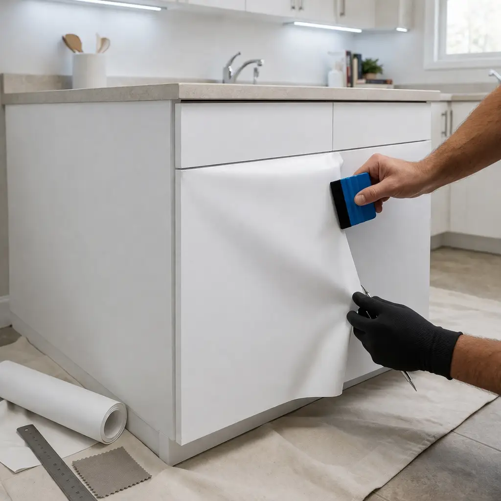 Professional cabinet wrapping installation showing vinyl applied neatly to a cabinet door edge