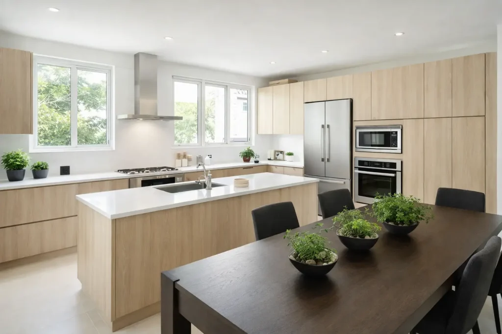 Modern kitchen showing cabinet wrapping on cupboard doors in a bright Singapore home