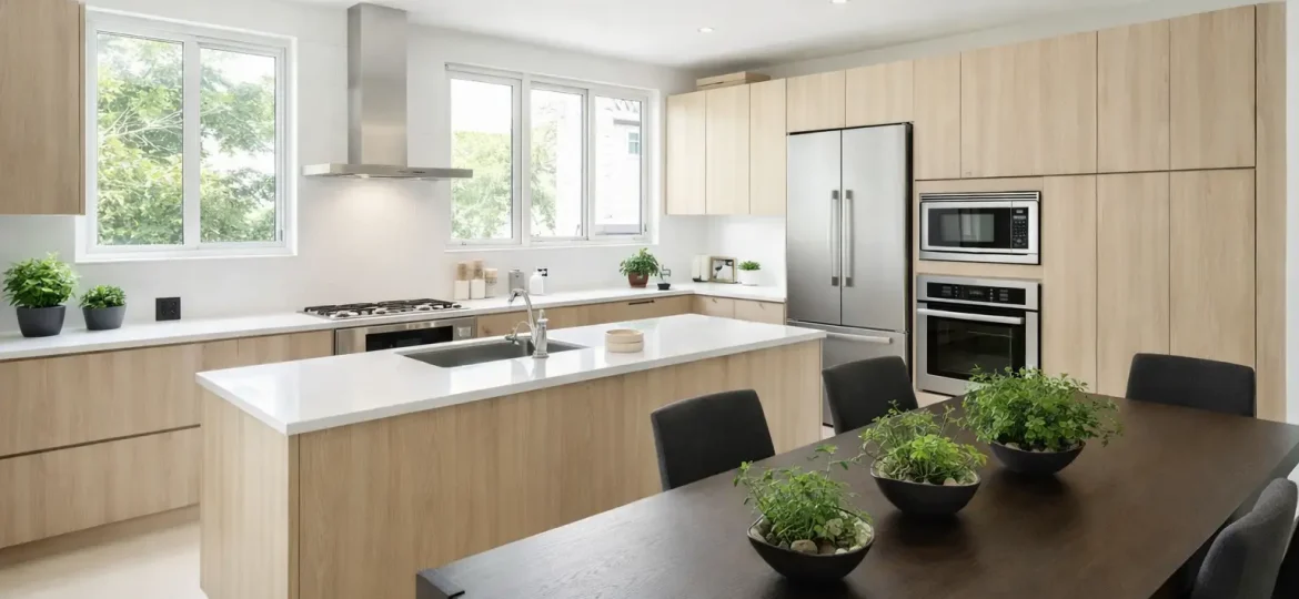 Modern kitchen showing cabinet wrapping on cupboard doors in a bright Singapore home