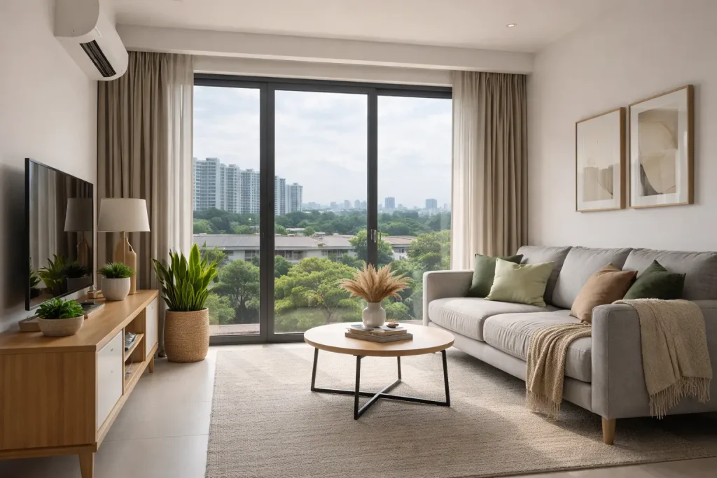 Bright HDB living room with solar film for HDB windows reducing glare and keeping the space comfortable