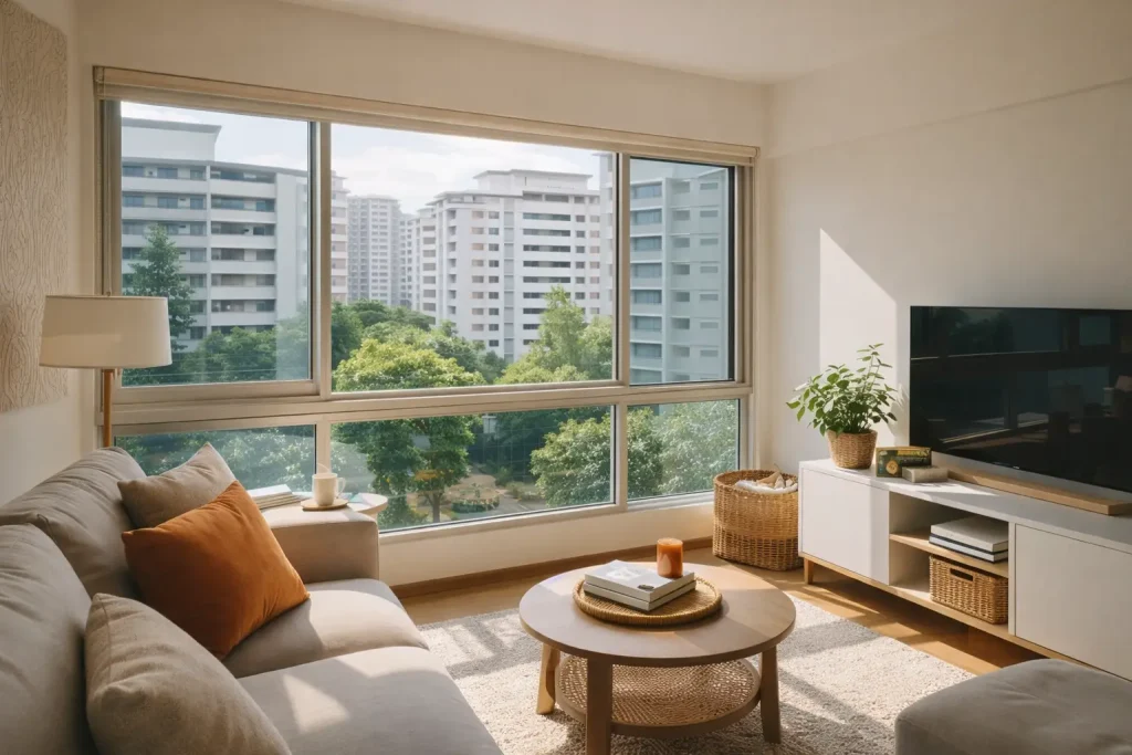 Sunlit home interior protected by solar film for HDB windows with UV protection to reduce fading on furniture