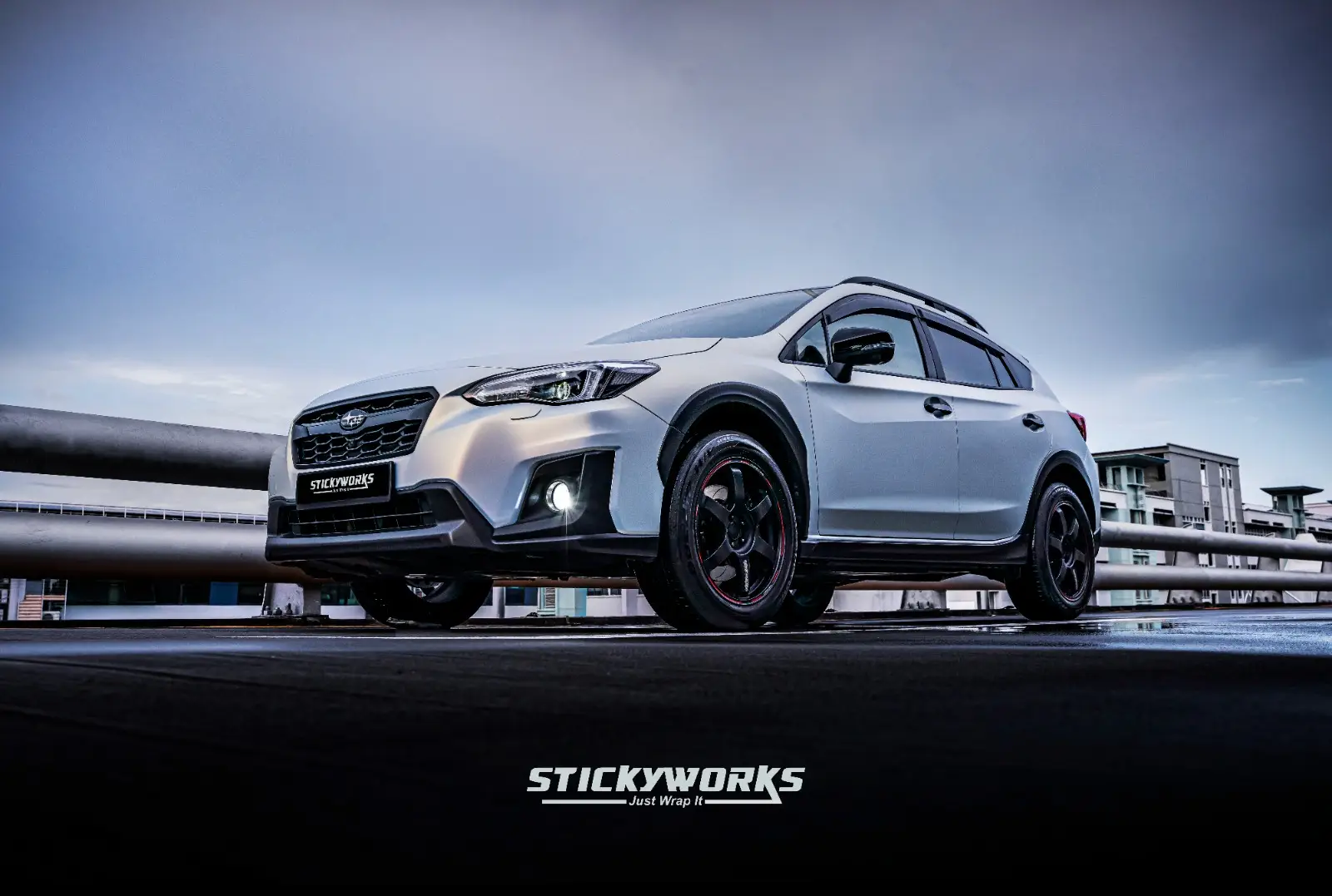 StickyWorks Subaru front angle car wrap with sharp detailing and high-quality vinyl finish