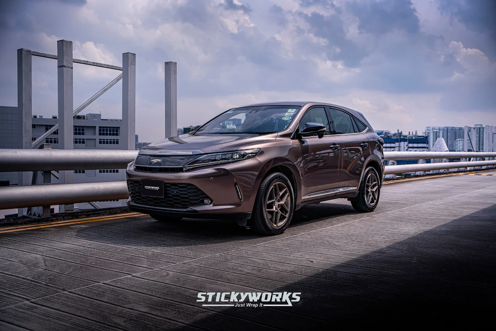 StickyWorks Toyota Harrier rear wide angle showing full body vinyl wrap finish