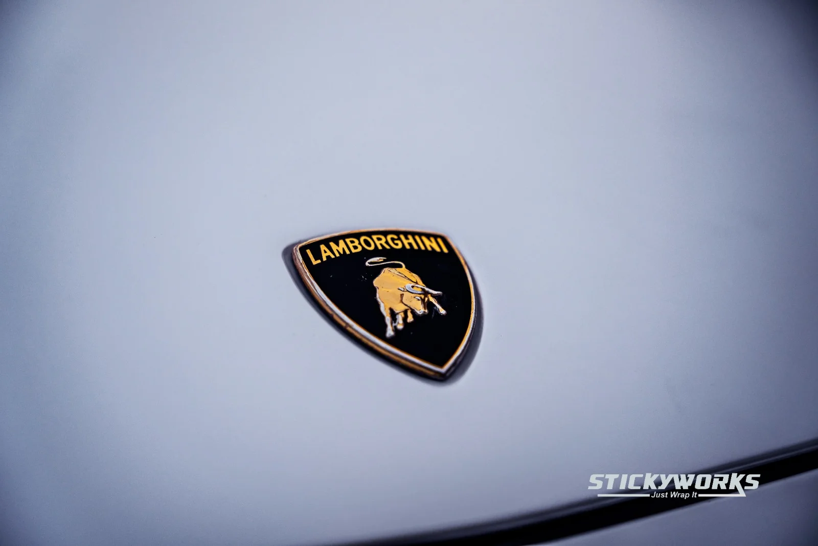 StickyWorks Lamborghini badge close-up on matte white wrap highlighting smooth texture and premium detailing