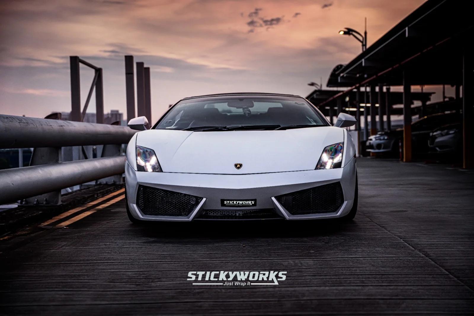 StickyWorks Lamborghini front view in matte white wrap showcasing bold design and smooth non-gloss finish