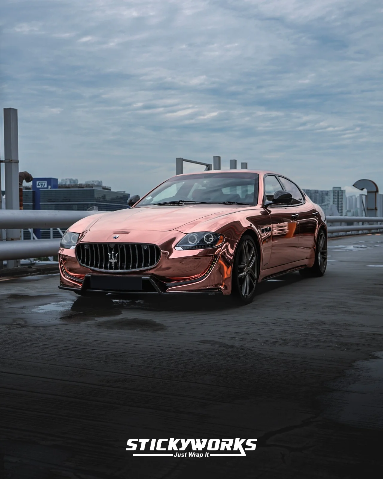 StickyWorks Maserati front wide shot in chrome wrap showcasing full vehicle transformation and premium finish