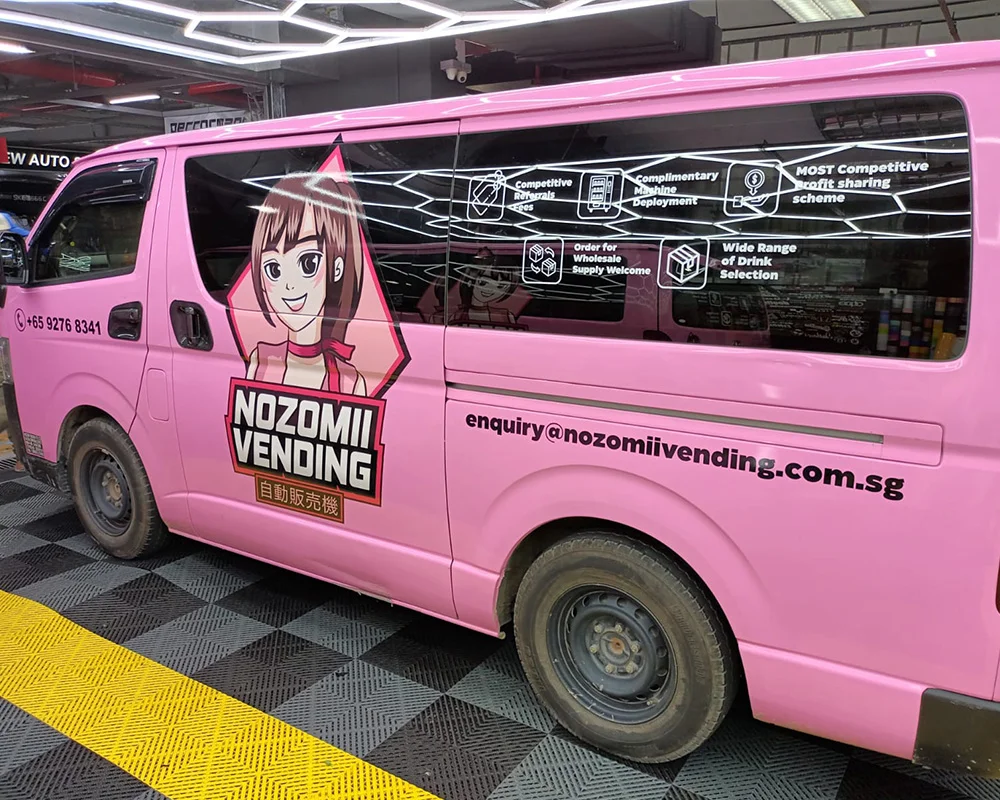 Commercial vehicle wrap for Nozomi Vending van in Singapore with pink branding and custom graphics