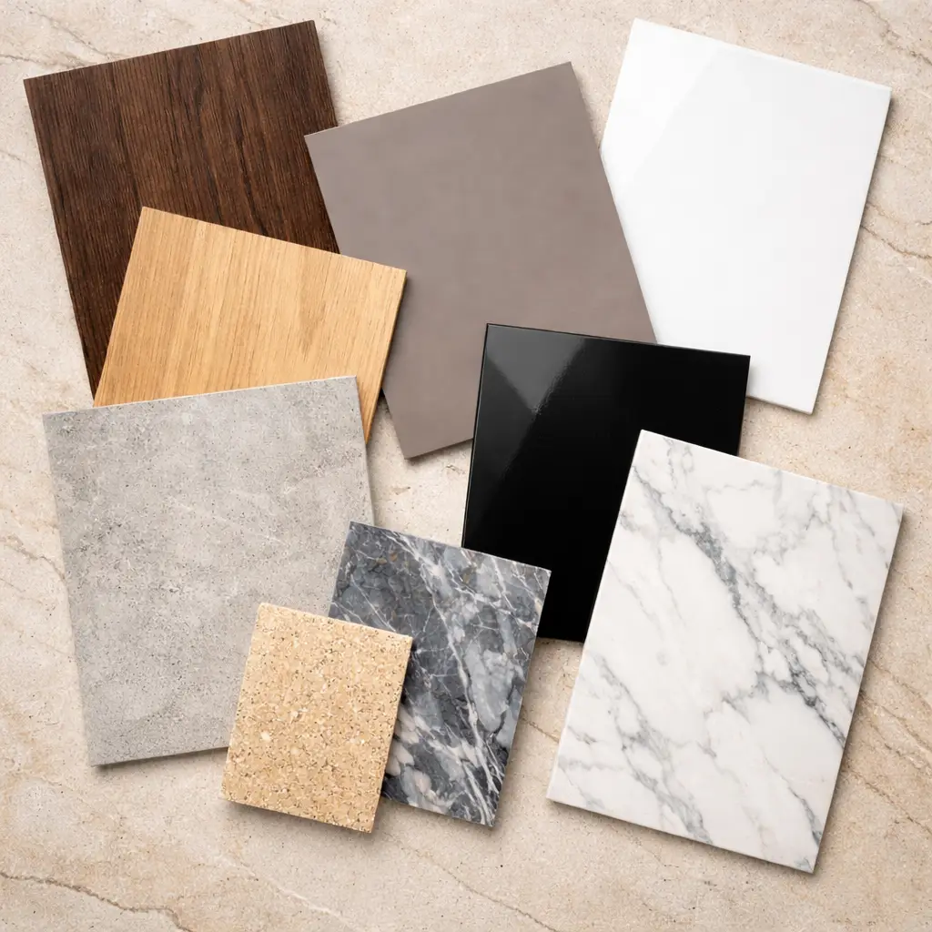 Furniture wrapping finish samples including woodgrain, matte, gloss, and stone-look surfaces